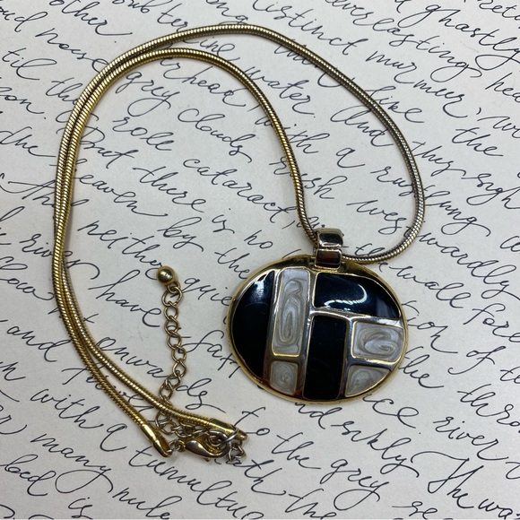 Gold Tone & Black Enamel Pendant Necklace - Picture 7 of 8